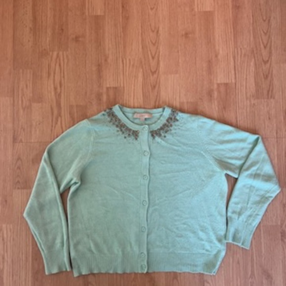 Ann Taylor Loft Crew Neck Cardigan Sweater Mint Green Embellished Neck XL - Picture 1 of 5